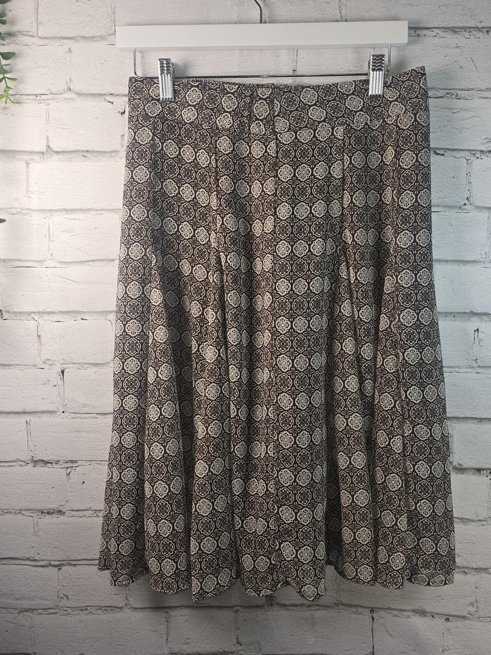 VINTAGE BROWN GEOMETRIC A-LINE SKIRT FLOWY FEMININE CLASSY LINED WOMENS SM